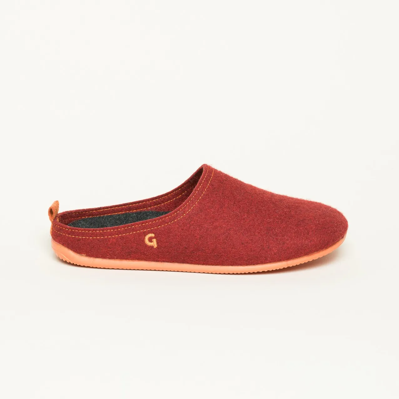 Wool Slide-In Filzpantoffel aus 100% Schurwolle | Hausschuh aus Filz | Hüttenschuh mit Gummisohle | Farbe RE-red/orange Größe 38