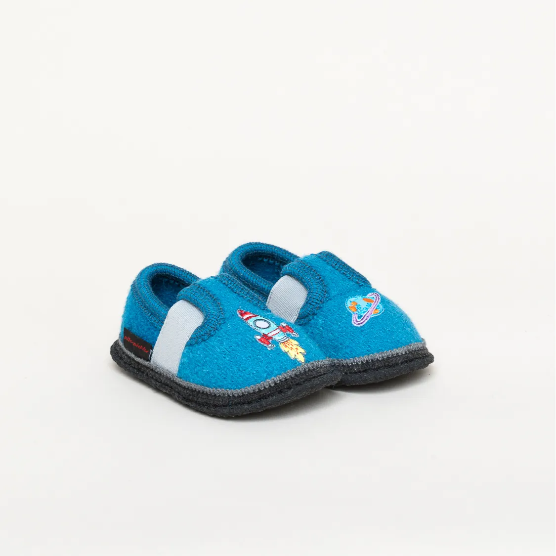 Kitz-Pichler Bobby Appl. Rakete Kinderschuh | Kinder Filz-Hausschuh | Farbe Erpel/Arctic Blue | Kinder-Hausschuh in Größe 38